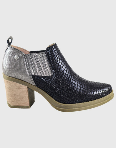 Campero Zapato Dama Negro Plateado Taco Cuadrado