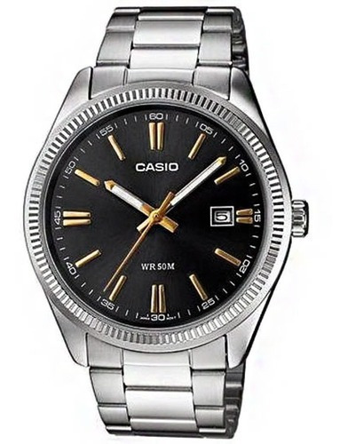 Reloj Casio Modelo Mtp-1302 Metal Carátula Negra Color de la correa Plateado Color del bisel Plateado Color del fondo Negro