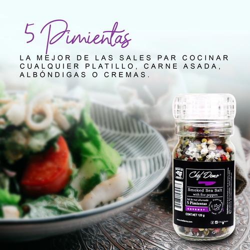 Sal De Mar Ahumada Grano 5 Pimientas Molino 120g Chef Demo