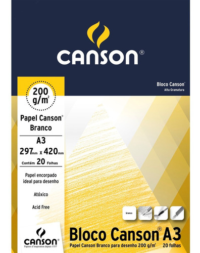 Bloco Papel Canson Desenho 200 Branco 200g A3 20 Folhas