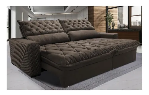 comprar Sofá Retrátil e Reclinável 3,15m Molas Ensacadas Cama inBox Spazus com Bordado 3D Velusoft Café