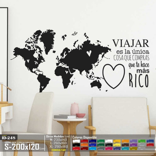 Vinilo Decorativo Mapa Mundial Con Frase De Viajar Amor