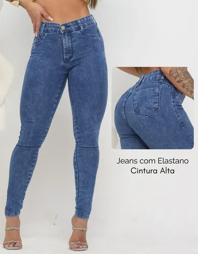 Calça Jeans Feminina Cós Alto Empina Com Elastano Justa