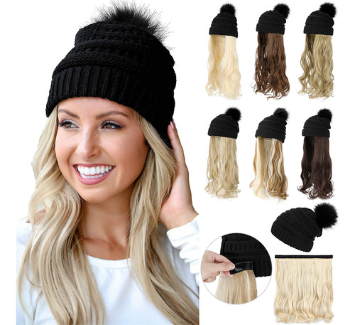 Qlenkay Gorro De Punto Con Extensiones De Pelo Largo Ondula.