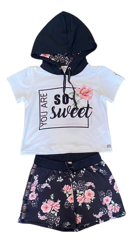 Conjunto Infantil Preto Florido Com Capuz Petit Cherie 18424