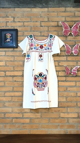Vestido Mexicano Curto Algodão Manga Bordado A Mão Varal