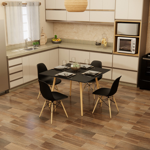 Mesa Sala De Jantar Cozinha Quadrada 4 Lugares 90 Cm Pés Madeira Tampo Preto