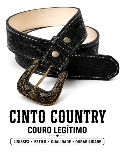 Cinto Country Feminino Masculino De Couro Legitimo Rodeio Preto M - 110cm