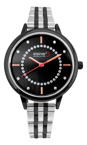 Reloj Para Dama Steiner Análogo Acero Inox Correa Negro y Plateado Bisel Negro Fondo Negro