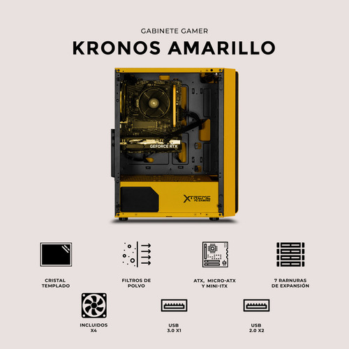 Gabinete Gamer XTREME PC GAMING Kronos Media Torre ATX 4 Fan ARGB Cristal Templado Amarillo