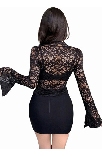 Blusa De Manga Larga Con Cuello En V Y Encaje Para Dama