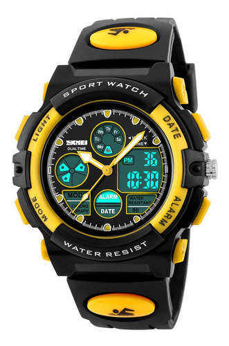 Relógio de pulso Skmei 1163 com corpo preto,  analógico-digital, para meninos, fundo  cinza, com correia de poliuretano cor amarelo, agulhas cor branco e amarelo, subdials de cor amarelo e branco, subesferas cor cinza e amarelo, ponteiro de minutos/segundos branco, bisel cor amarelo e preto, luz verde e fivela simples