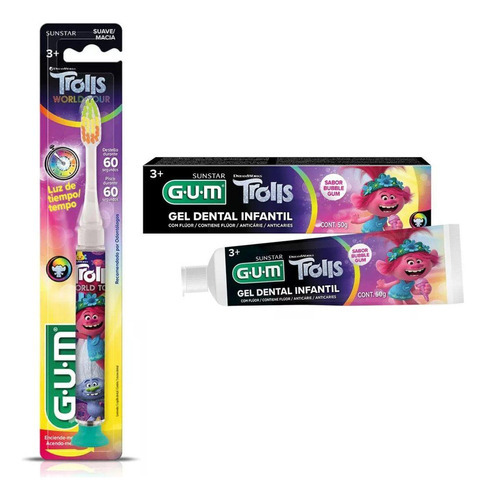 Escova Dental Pisca 60 Seg + Gel Dental 50gr - Trolls - Gum