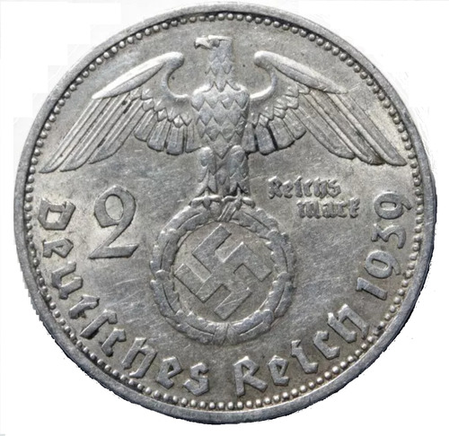 Moneda Alemana Nazi 2 Reichs Mark Plata Series 1939 