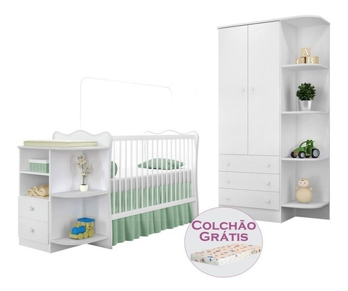 Jogo Quarto Infantil Berço Cômoda Guarda Roupa Colchão Qmovi