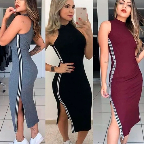 Vestido Midi Justo Acinturado Canelado Roupas Femininas
