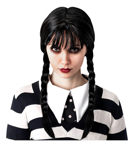 Imagen 2 de 2 de Peluca Merlina Addams Trenzas Negras De 70cm Adulto