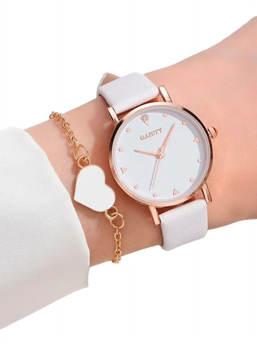 Set Tendencia Reloj + Pulsera Corazón Blanco Y Dorado