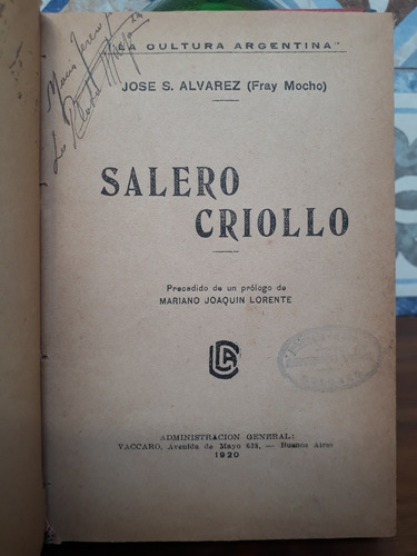 Salero Criollo - Fray Mocho - Primera Edición - 1920