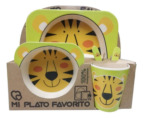 Set Infantil Plato Vaso Cubiertos Diseño Leon Fibra De Bambú