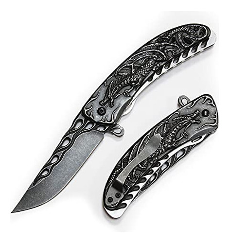 Stonewash Pocket Knifes Engraved Dragon Handle Collecti...