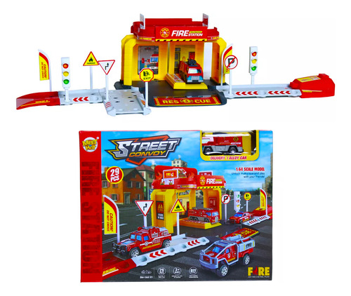 Juguete Pista Carritos Coches Estacion De Bomberos 29 Piezas Color Multicolor