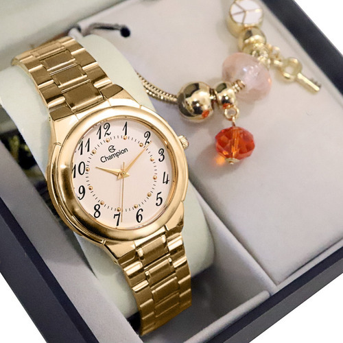 Kit Relógio Champion Feminino Dourado + Bijuteria - Ch22368w Cor do fundo Branco 3
