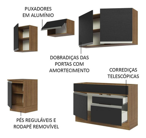 Armário De Cozinha Completa 240cm Rp Madesa Glamy 08 Cor Rustic/Preto