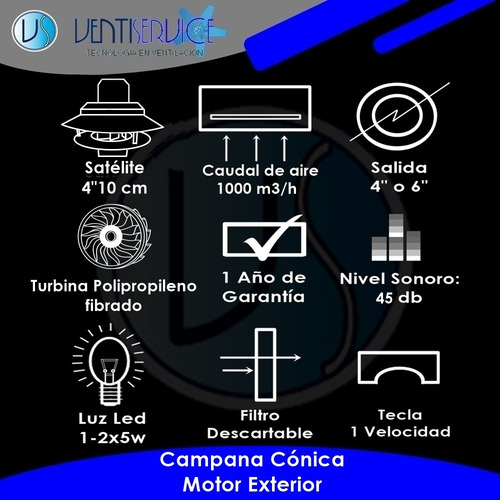 Campana Cocina Extractora 80 Cm Acero Motor Exterior 1000m3h