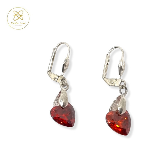 Aros Plata Cristal Swa Rojo Corazon Con Brisura