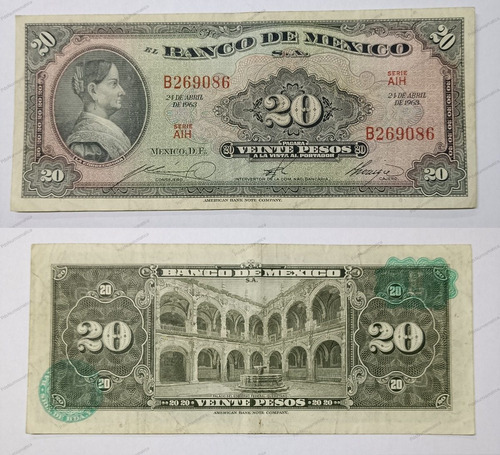Billete Antiguo $20, La Corregidora. 1963. (Usado)