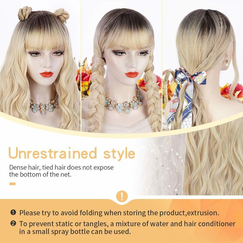 Cabelo Ondulado Dourado Perucas Longas Encaracoladas Franja