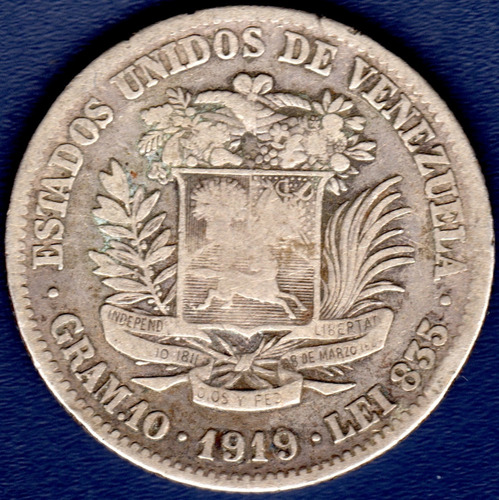 Moneda De Plata De 2 Bolívares Del Año 1919