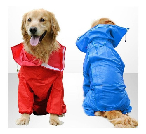 Capa Pet Chuva Capuz Cães Vermelha Ou Azul Raças Grande