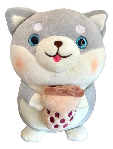 Peluche Perro Shiba Inu Gris Con Taza Kawaii 