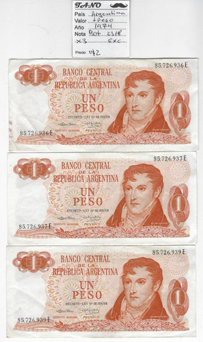 B79 Argentina Billete 1 Peso Año 1974 Bot. 2318 X3 Unid.