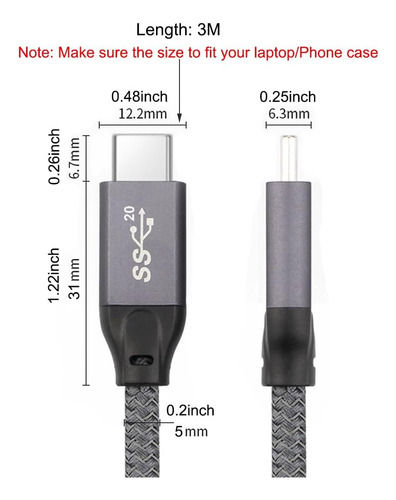 Qces Cable Usb C A Usb C De 10 Pies, Cable Usb-c 3.2 Gen 2,
