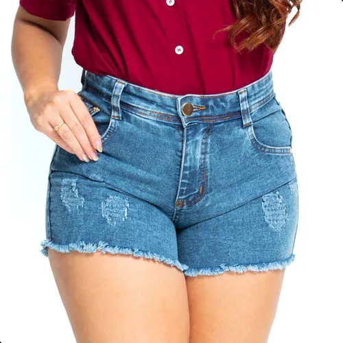 Short Jeans Feminino Cintura Alta Desfiado Bamborra