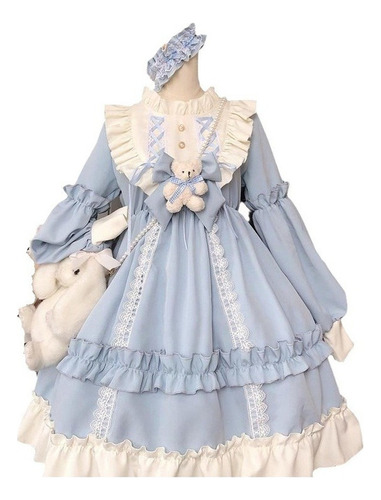 Vestido Lolita Para Mujer, Con Lazo Y Encaje, Manga Larga