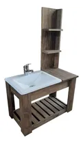 Comprar Mueble para baño DF Hogar Colgante con estantes + bacha de 60cm de ancho, 40cm de alto y 33cm de profundidad, con bacha color blanco y mueble nogal oscuro con un agujero para grifería