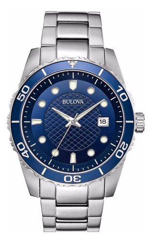 Relógio esportivo Bulova Classic original para homens 98a194 Cor da pulseira: prata, moldura, cor de fundo prateada, cor de fundo azul
