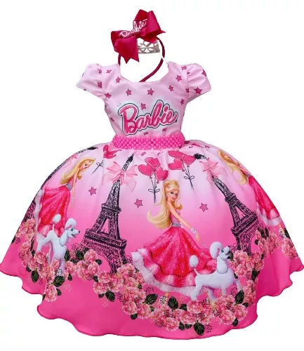 Vestido Infantil Barbie Rosa Luxuoso