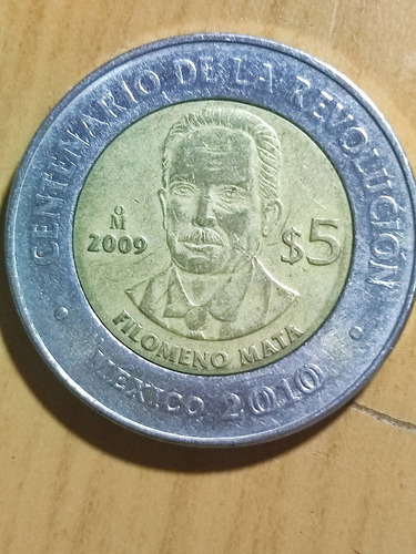 Moneda Conmemorativa Filomeno Mata, $5, Año 2009. (Usado)