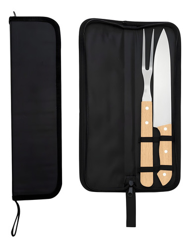 Kit Churrasco Aço Inox Madeira Faca E Garfo Jogo Com 2 Peças