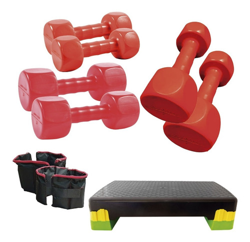 Kit Sport Maniac Step Módulos, Pesas Rojas, Tobilleras 4kg