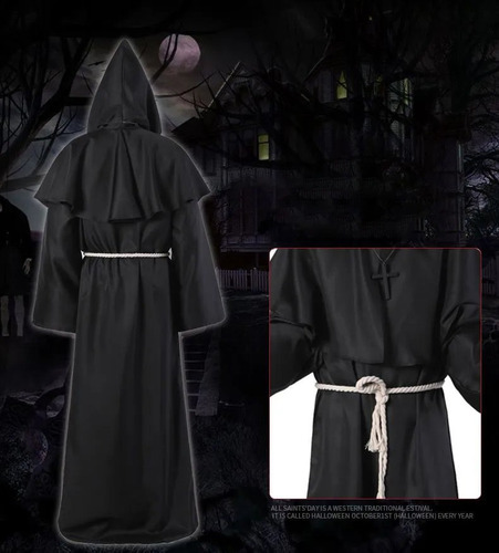 Túnica Medieval De Monje Sacerdote Para Halloween Con Diseño Negro L