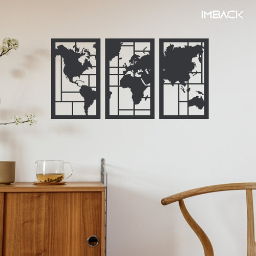 Cuadro Triptico De Madera Calada Plansiferio Mapamundi Color Negro