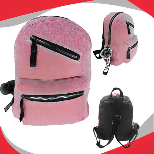 Mochila de mujer con lentejuelas brillantes y llavero con pompón, moderno, color negro