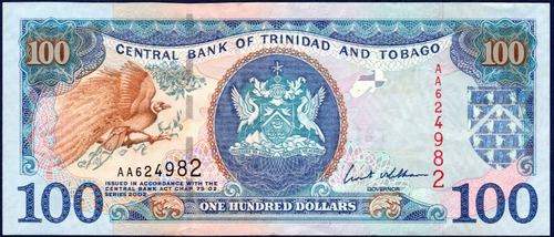 100 Dólares 2002 Billete D Trinidad Y Tobago Ave Del Paraíso