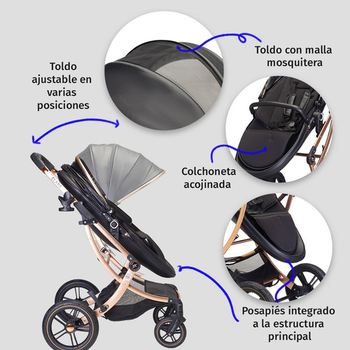 Carriola Para Bebé Starkids Elara Con Portabebé Co Negro Dorado